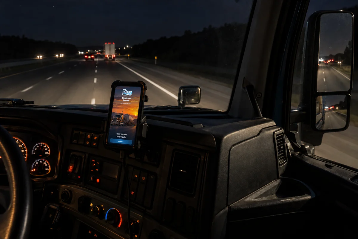 A mounted phone showing the Route on Permit opening screen inside a truck cab on a night highway
