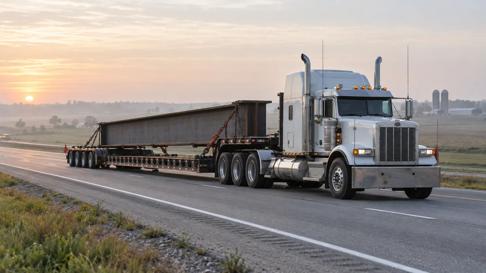 White semi truck carrying a wide steel beam through flat farmland in morning light